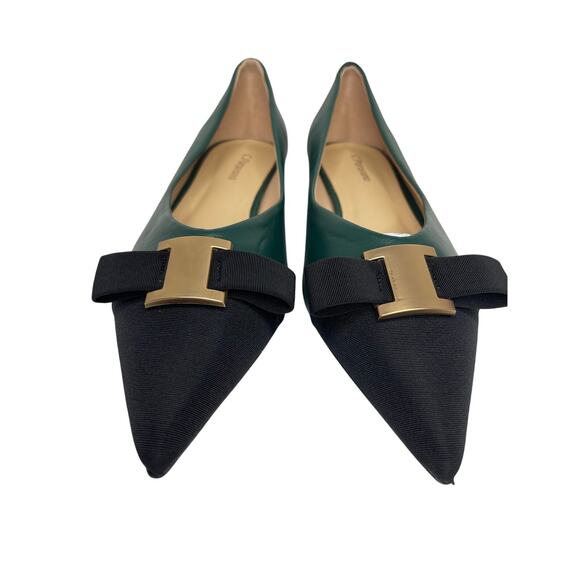 C. Paravano womens Pointed Toe Metal Tie Flats size 41 Green/ Black Leather New - Picture 2 of 11